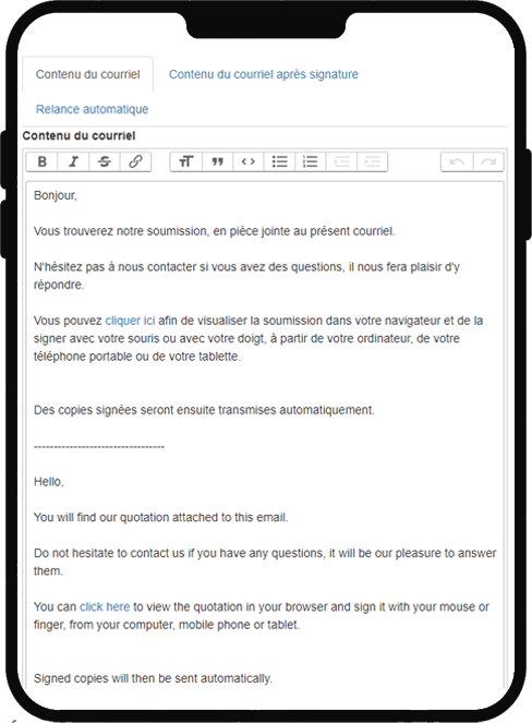 Modèle de courriels automatiques pour l'envoi de soumissions, estimations ou devis intégré au logiciel.