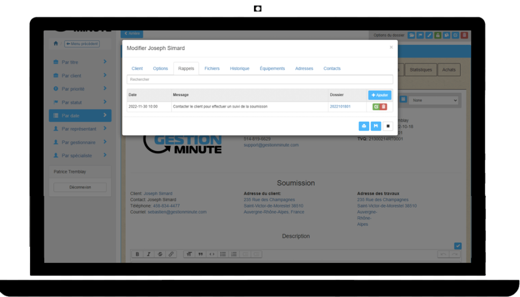 Planifiez des rappels automatiques dans le logiciel d'estimation et soyez proactifs pour vos suivis de soumissions, estimations et devis.