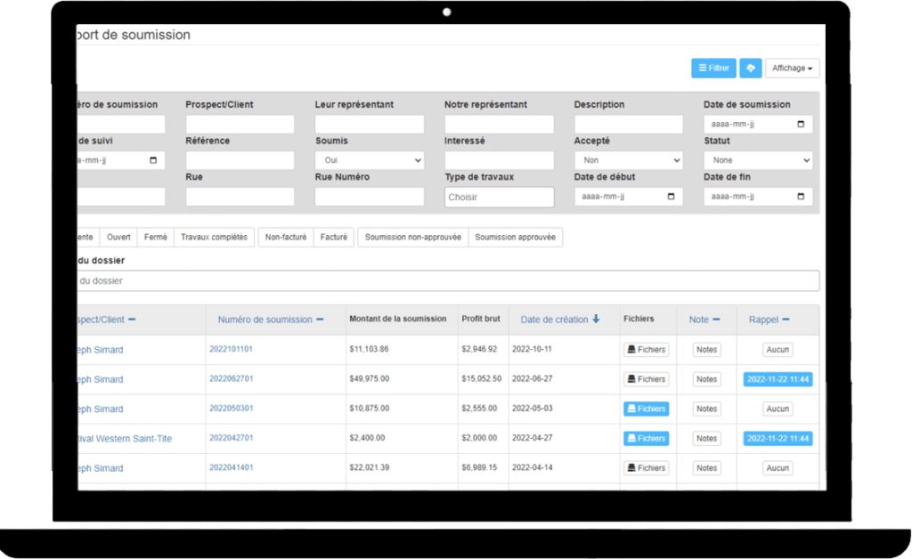 Rapport de suivi des soumissions sur le Web